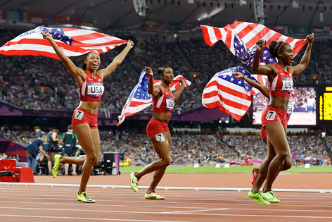 US-Damenstaffel mit Allyson Felix, Carmelita Jeter, Bianca Knight, and Tianna Madison